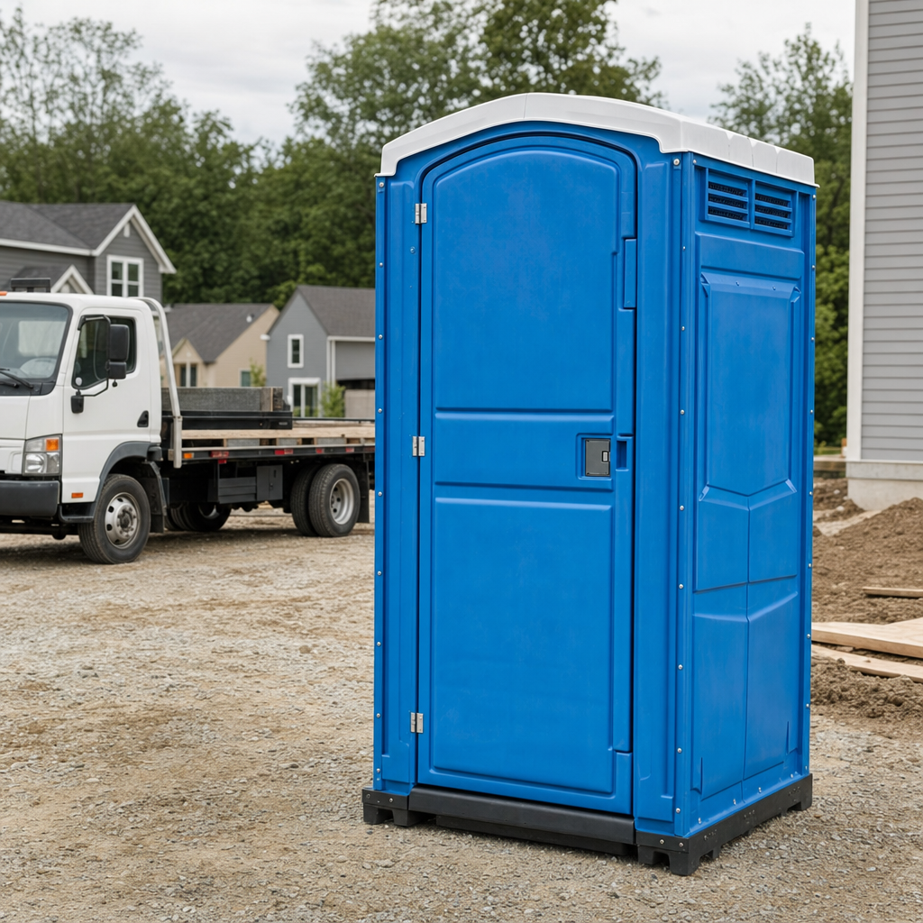 Delivery driver positioning a clean royal-blue portable toilet on level ground at a Miramar worksite