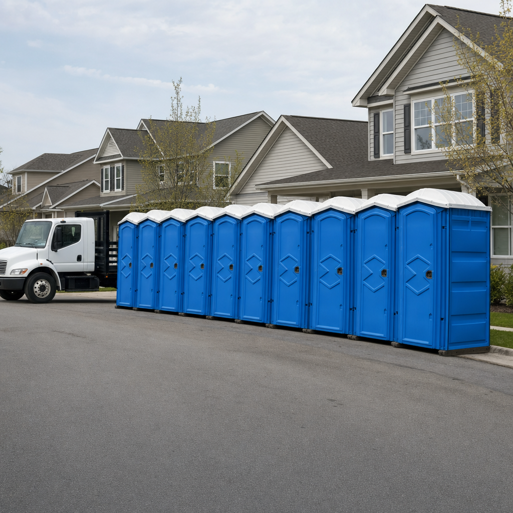Royal blue portable toilets staged in a tidy row at a Miramar jobsite, ready for delivery